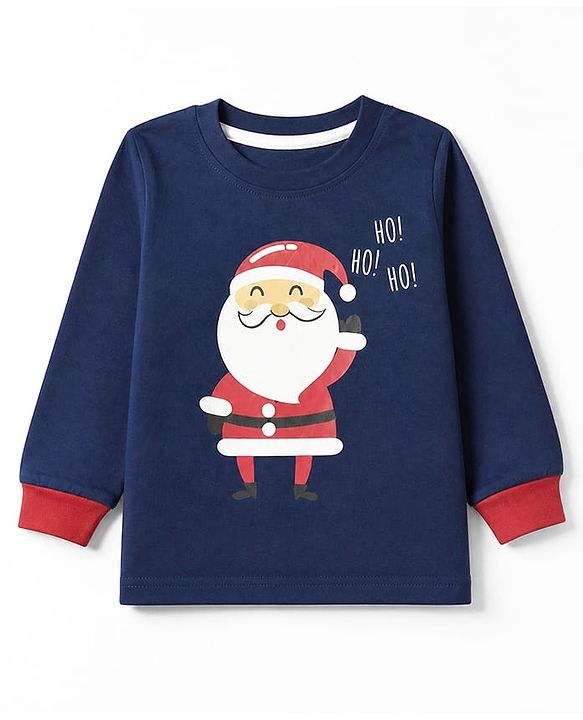 Babyhug 100% Cotton Knit Full Sleeves T-Shirt & Pyjama Night Suit with Santa clause Print - Navy Blue