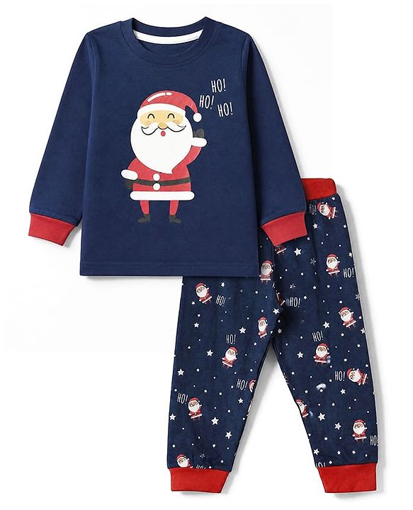 Babyhug 100% Cotton Knit Full Sleeves T-Shirt & Pyjama Night Suit with Santa clause Print - Navy Blue
