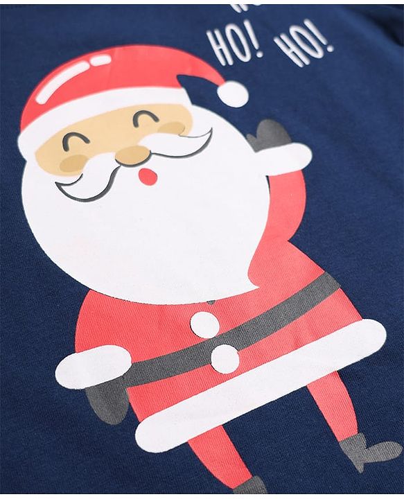 Babyhug 100% Cotton Knit Full Sleeves T-Shirt & Pyjama Night Suit with Santa clause Print - Navy Blue