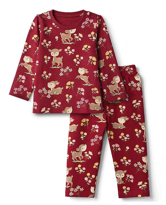 Babyhug 100% Cotton Knit Full Sleeves Co-Ords T-Shirt & Pyjama Night Suit with Deer & Floral Print - Dark Pink