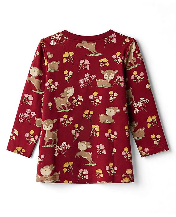 Babyhug 100% Cotton Knit Full Sleeves Co-Ords T-Shirt & Pyjama Night Suit with Deer & Floral Print - Dark Pink