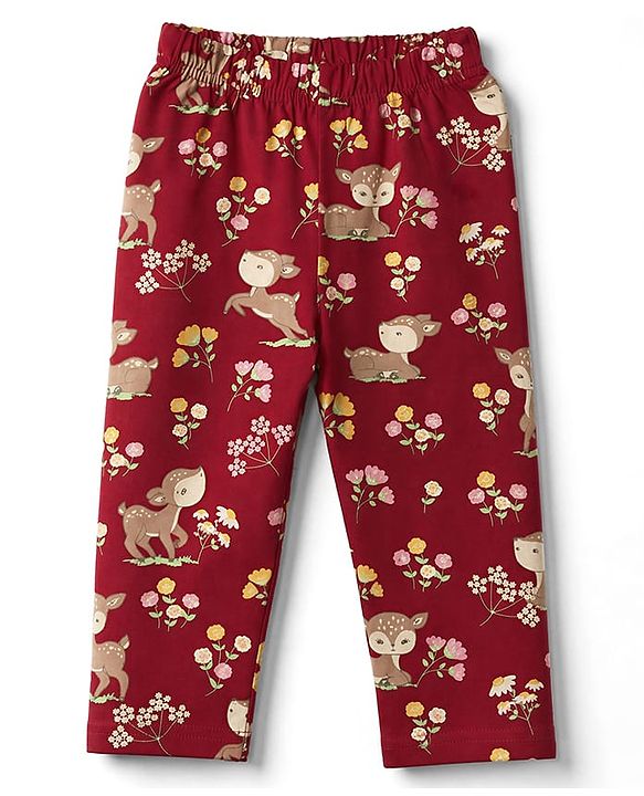 Babyhug 100% Cotton Knit Full Sleeves Co-Ords T-Shirt & Pyjama Night Suit with Deer & Floral Print - Dark Pink