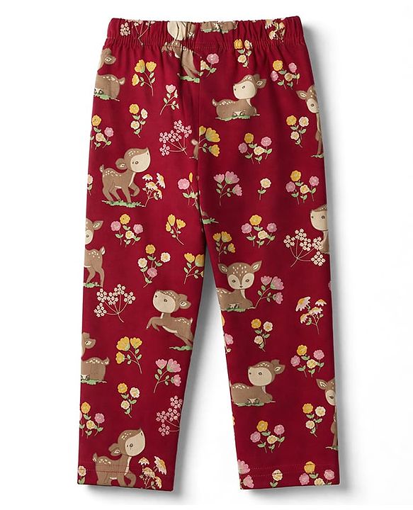 Babyhug 100% Cotton Knit Full Sleeves Co-Ords T-Shirt & Pyjama Night Suit with Deer & Floral Print - Dark Pink