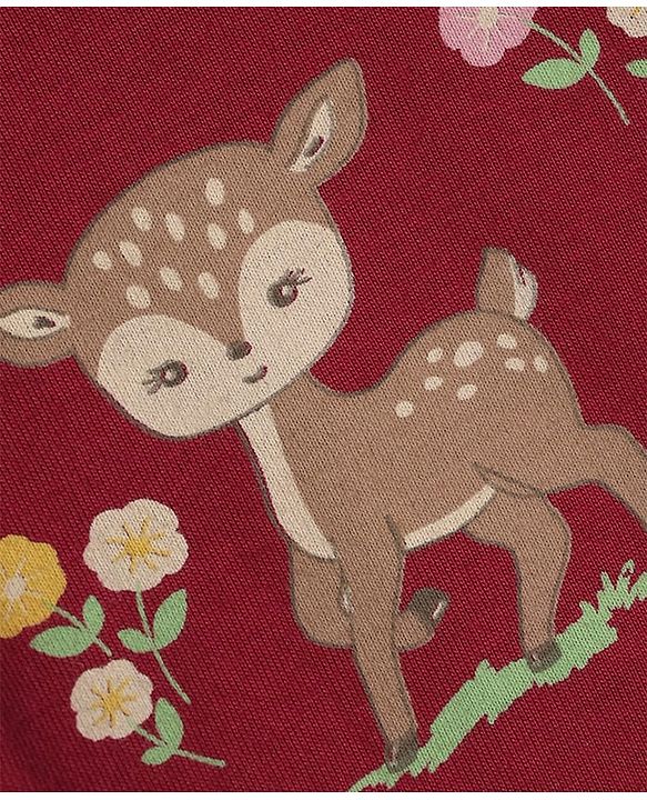 Babyhug 100% Cotton Knit Full Sleeves Co-Ords T-Shirt & Pyjama Night Suit with Deer & Floral Print - Dark Pink