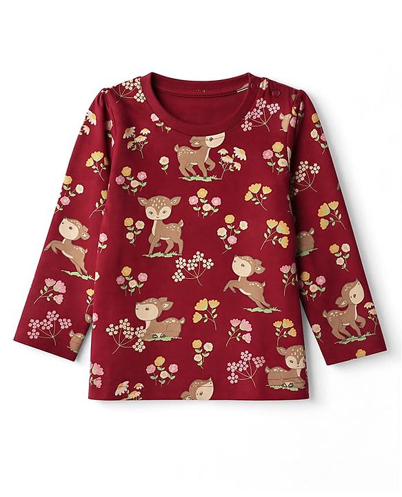 Babyhug 100% Cotton Knit Full Sleeves Co-Ords T-Shirt & Pyjama Night Suit with Deer & Floral Print - Dark Pink