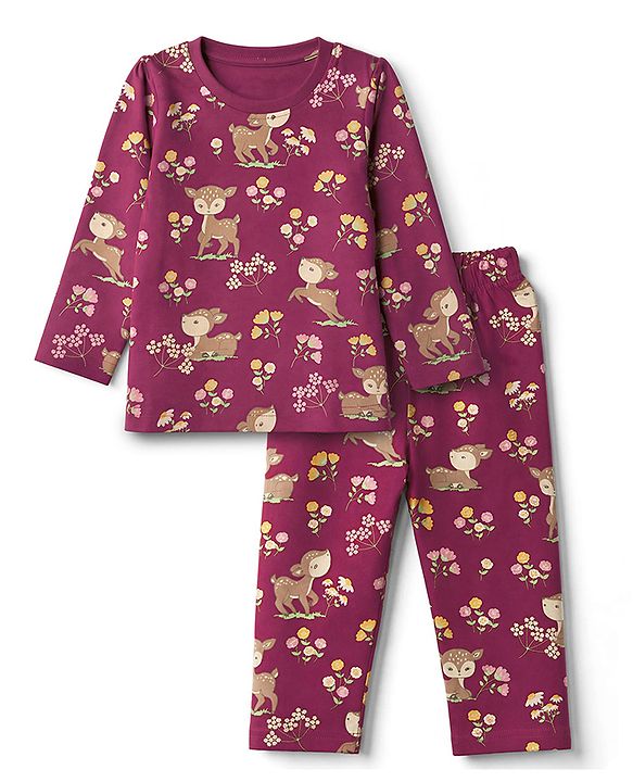 Babyhug 100% Cotton Knit Full Sleeves Co-Ords T-Shirt & Pyjama Night Suit with Deer & Floral Print - Dark Pink