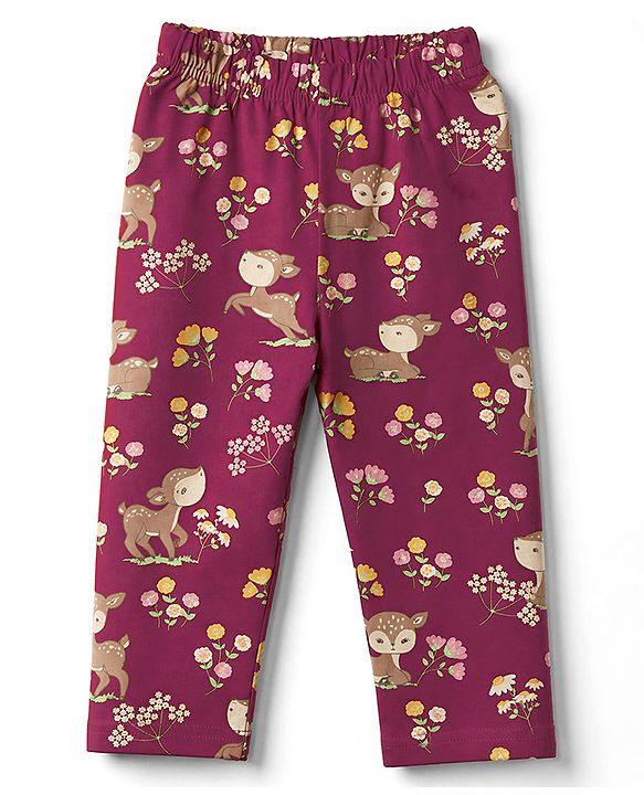 Babyhug 100% Cotton Knit Full Sleeves Co-Ords T-Shirt & Pyjama Night Suit with Deer & Floral Print - Dark Pink