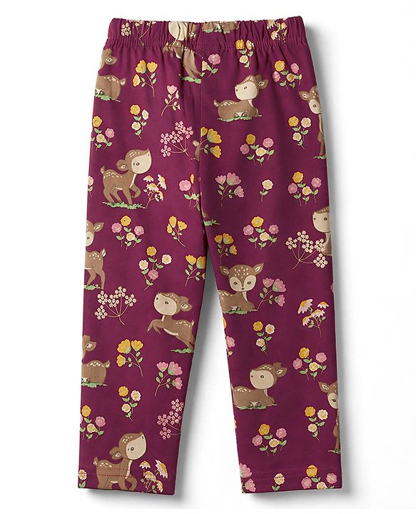 Babyhug 100% Cotton Knit Full Sleeves Co-Ords T-Shirt & Pyjama Night Suit with Deer & Floral Print - Dark Pink