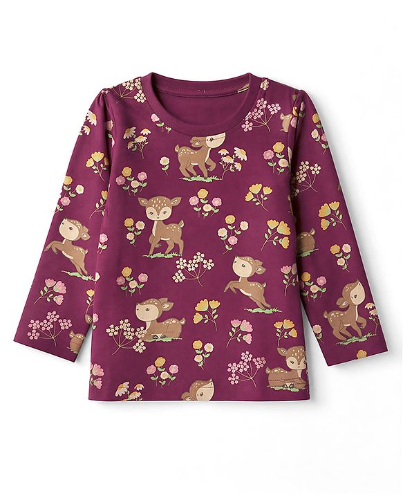 Babyhug 100% Cotton Knit Full Sleeves Co-Ords T-Shirt & Pyjama Night Suit with Deer & Floral Print - Dark Pink