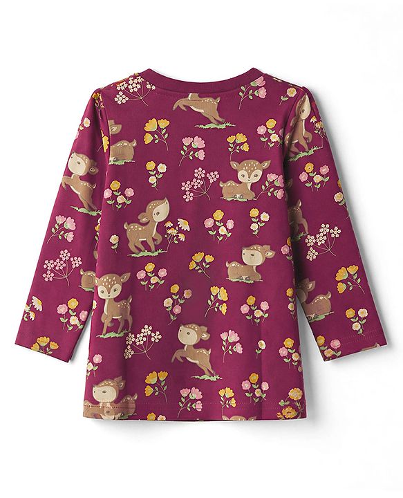 Babyhug 100% Cotton Knit Full Sleeves Co-Ords T-Shirt & Pyjama Night Suit with Deer & Floral Print - Dark Pink