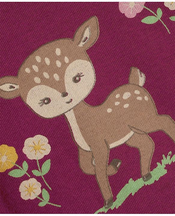 Babyhug 100% Cotton Knit Full Sleeves Co-Ords T-Shirt & Pyjama Night Suit with Deer & Floral Print - Dark Pink