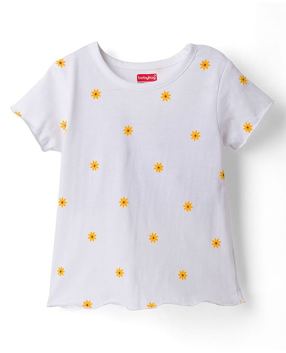 Babyhug Denim Woven Half Sleeves Frock with Floral Printed Inner Tee and Applique - Blue