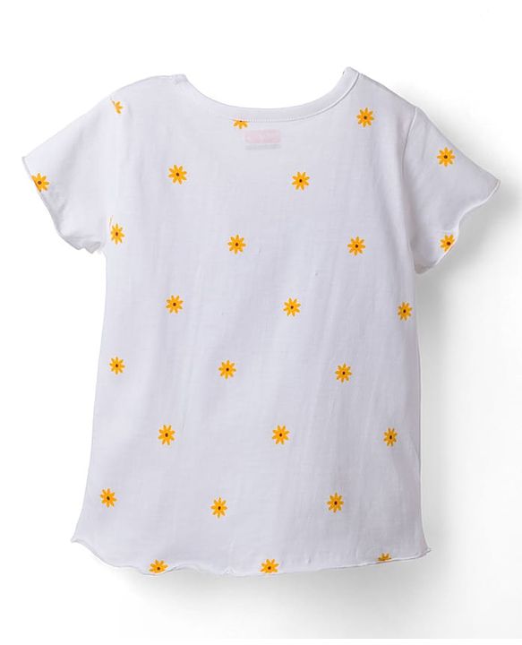 Babyhug Denim Woven Half Sleeves Frock with Floral Printed Inner Tee and Applique - Blue