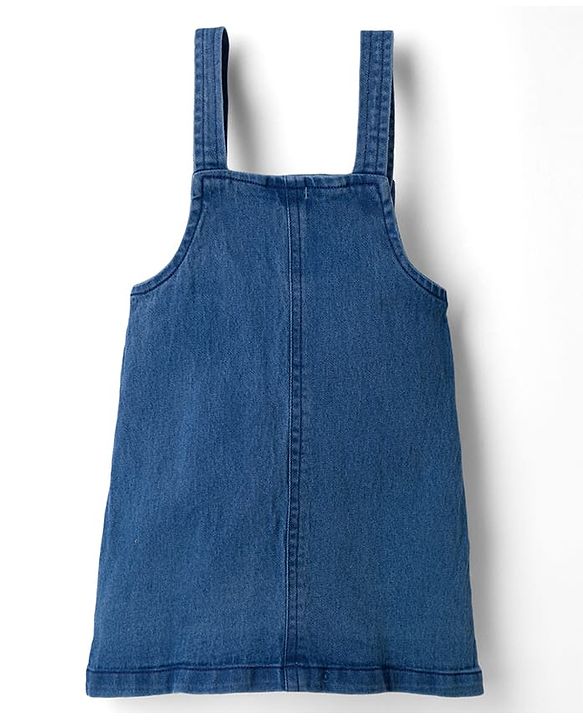 Babyhug Denim Woven Half Sleeves Frock with Floral Printed Inner Tee and Applique - Blue