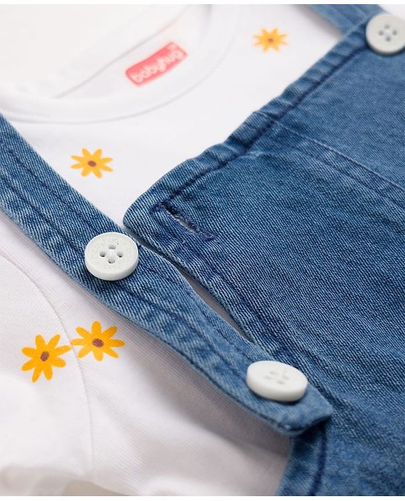 Babyhug Denim Woven Half Sleeves Frock with Floral Printed Inner Tee and Applique - Blue