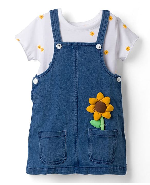 Babyhug Denim Woven Half Sleeves Frock with Floral Printed Inner Tee and Applique - Blue