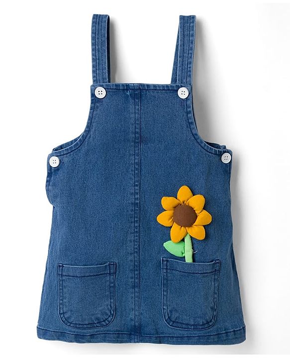 Babyhug Denim Woven Half Sleeves Frock with Floral Printed Inner Tee and Applique - Blue