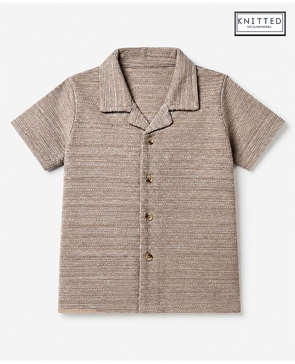 Babyhug 100% Cotton Knit Solid Structured Resort Collar Shirt with Half Sleeves - Tan