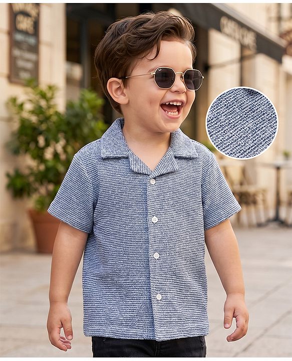 Babyhug 100% Cotton Knit Half Sleeves Resort Collar Printed Structured Shirt - Blue