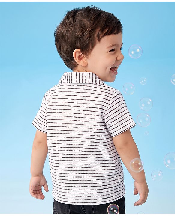 Babyhug 100% Cotton Knit Half Sleeves Resort Collar Striped Structured Shirt - White