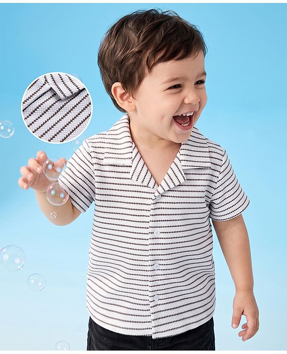 Babyhug 100% Cotton Knit Half Sleeves Resort Collar Striped Structured Shirt - White