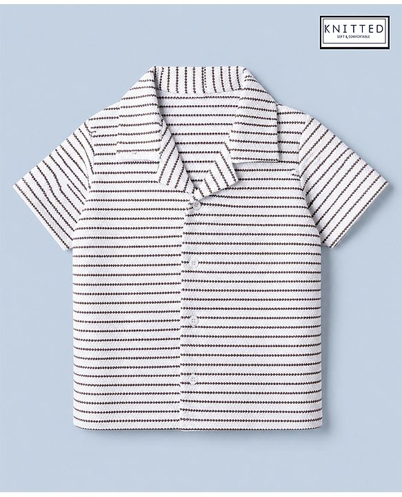 Babyhug 100% Cotton Knit Half Sleeves Resort Collar Striped Structured Shirt - White