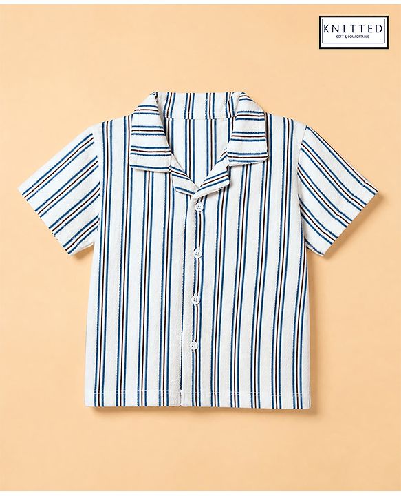 Babyhug 100% Cotton Knit Half Sleeves Resort Collar Stripe Structured Shirt - Blue