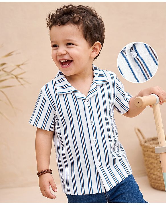 Babyhug 100% Cotton Knit Half Sleeves Resort Collar Stripe Structured Shirt - Blue