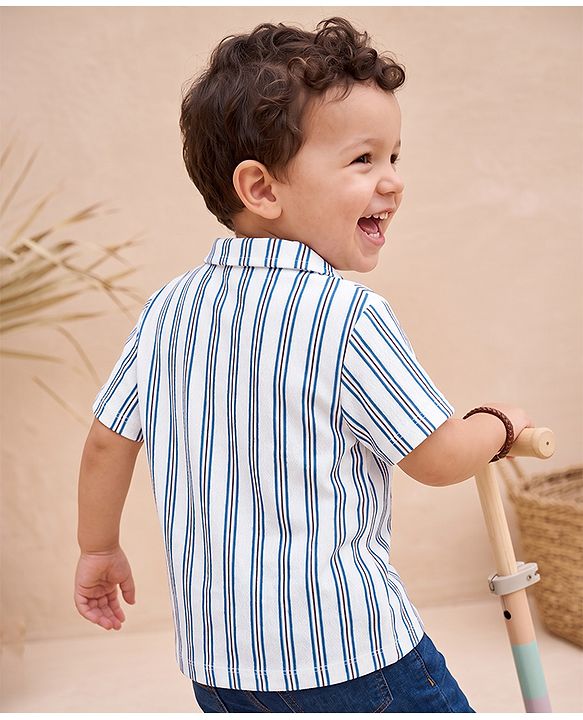 Babyhug 100% Cotton Knit Half Sleeves Resort Collar Stripe Structured Shirt - Blue