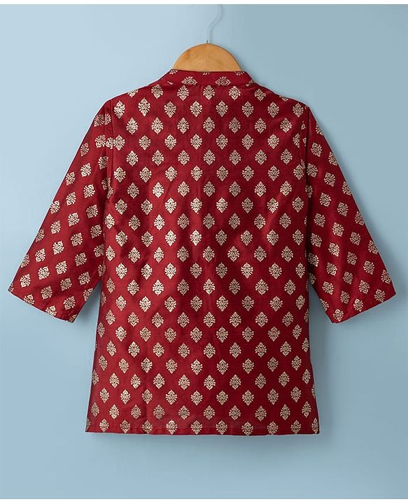Babyhug Cotton Woven Kurta and Pyjama with Full Sleeves and Floral Foil Print in Maroon