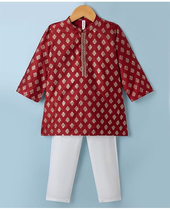 Babyhug Cotton Woven Kurta and Pyjama with Full Sleeves and Floral Foil Print in Maroon