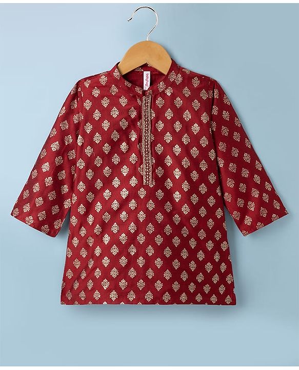 Babyhug Cotton Woven Kurta and Pyjama with Full Sleeves and Floral Foil Print in Maroon