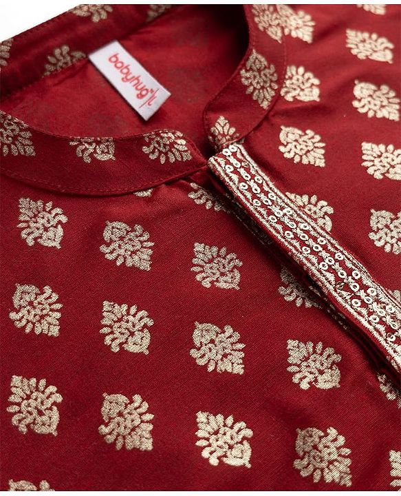 Babyhug Cotton Woven Kurta and Pyjama with Full Sleeves and Floral Foil Print in Maroon
