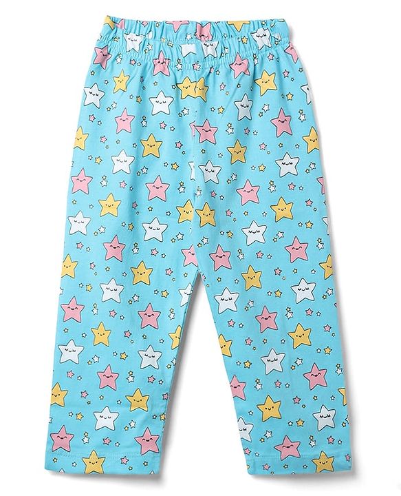 Babyhug 100% Cotton Knit Full Sleeves Co-Ords Top & Pyjama Night Suit with Star Print - Aqua Blue