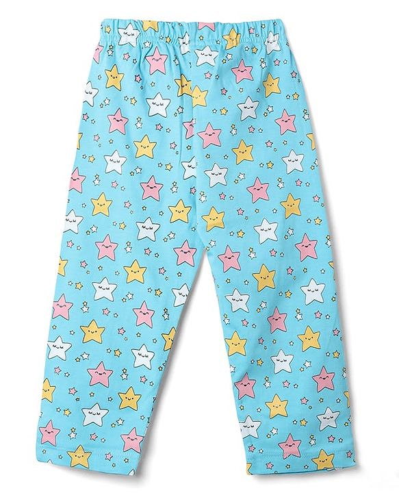 Babyhug 100% Cotton Knit Full Sleeves Co-Ords Top & Pyjama Night Suit with Star Print - Aqua Blue