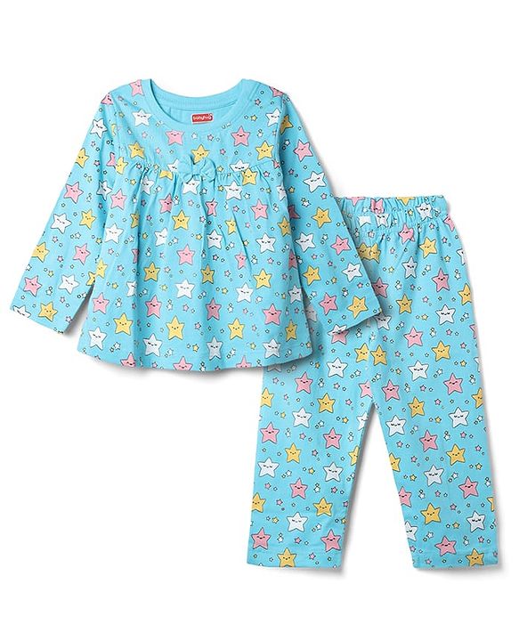 Babyhug 100% Cotton Knit Full Sleeves Co-Ords Top & Pyjama Night Suit with Star Print - Aqua Blue