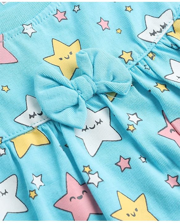 Babyhug 100% Cotton Knit Full Sleeves Co-Ords Top & Pyjama Night Suit with Star Print - Aqua Blue