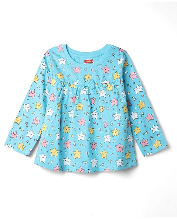 Babyhug 100% Cotton Knit Full Sleeves Co-Ords Top & Pyjama Night Suit with Star Print - Aqua Blue
