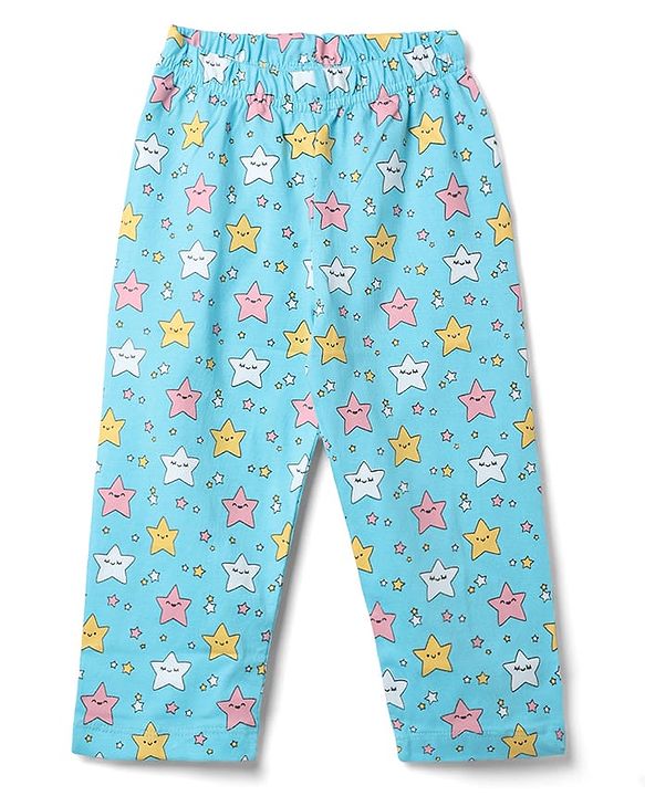 Babyhug 100% Cotton Knit Full Sleeves Co-Ords Top & Pyjama Night Suit with Star Print - Aqua Blue