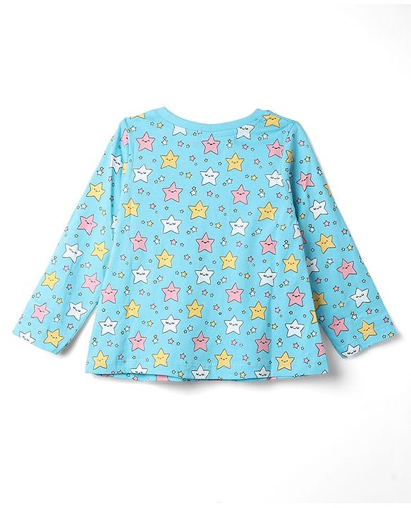 Babyhug 100% Cotton Knit Full Sleeves Co-Ords Top & Pyjama Night Suit with Star Print - Aqua Blue