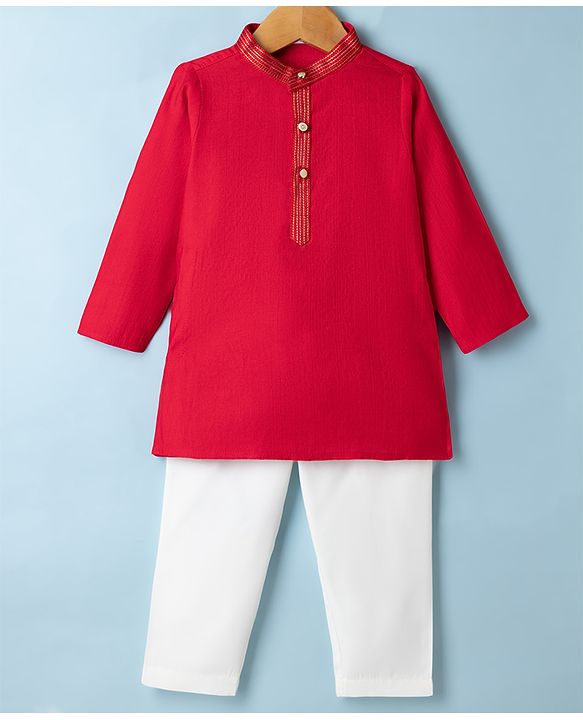 Babyhug Woven Kurta and Pyjama Set with Full Sleeves and Placket Embroidery in Red for New born