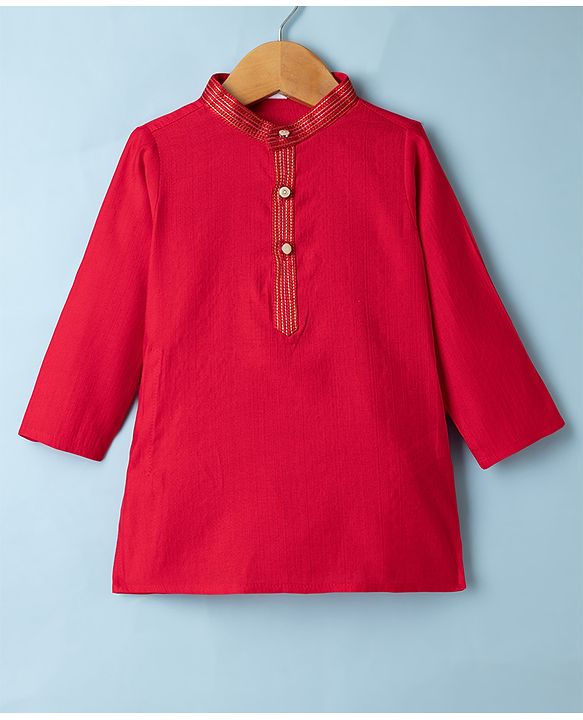 Babyhug Woven Kurta and Pyjama Set with Full Sleeves and Placket Embroidery in Red for New born