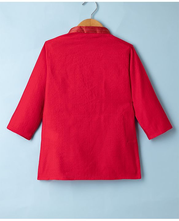 Babyhug Woven Kurta and Pyjama Set with Full Sleeves and Placket Embroidery in Red for New born