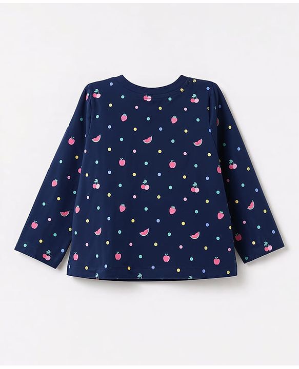 Babyhug 100% Cotton Knit Full Sleeves T-Shirt & Pyjama Night Suit Co-Ords Set With Polka Dots & Bow Applique - Navy Blue