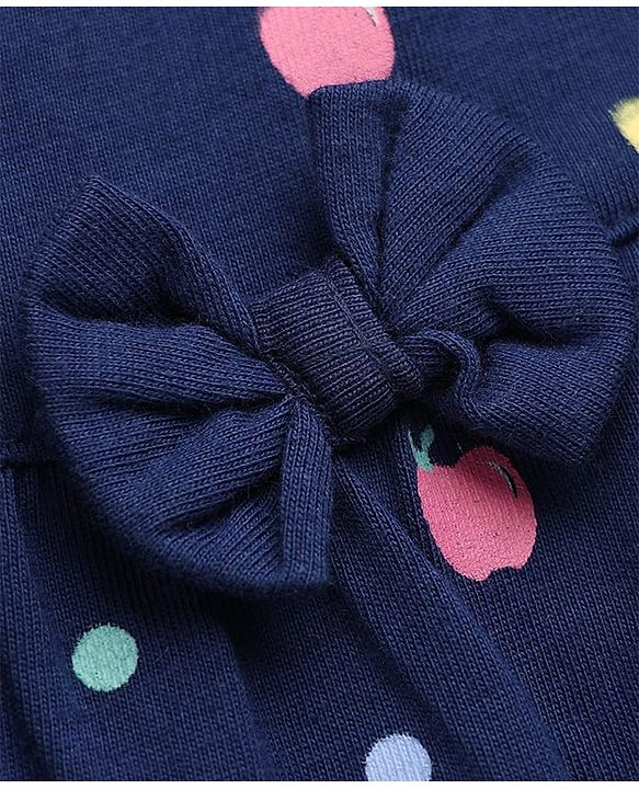 Babyhug 100% Cotton Knit Full Sleeves T-Shirt & Pyjama Night Suit Co-Ords Set With Polka Dots & Bow Applique - Navy Blue