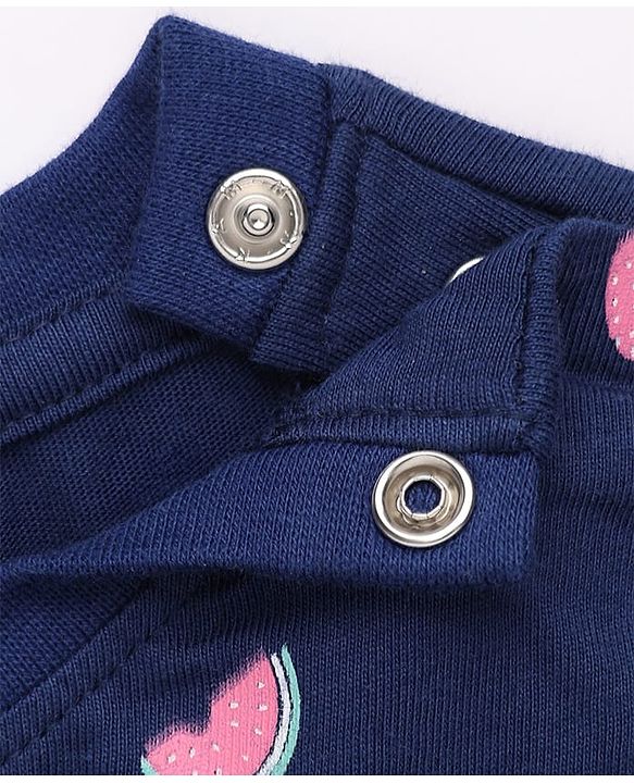 Babyhug 100% Cotton Knit Full Sleeves T-Shirt & Pyjama Night Suit Co-Ords Set With Polka Dots & Bow Applique - Navy Blue