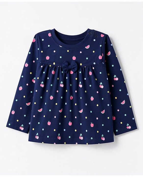 Babyhug 100% Cotton Knit Full Sleeves T-Shirt & Pyjama Night Suit Co-Ords Set With Polka Dots & Bow Applique - Navy Blue