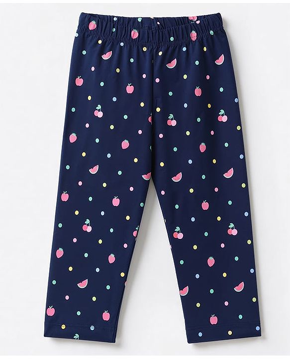 Babyhug 100% Cotton Knit Full Sleeves T-Shirt & Pyjama Night Suit Co-Ords Set With Polka Dots & Bow Applique - Navy Blue