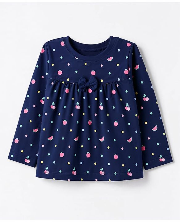 Babyhug 100% Cotton Knit Full Sleeves T-Shirt & Pyjama Night Suit Co-Ords Set With Polka Dots & Bow Applique - Navy Blue
