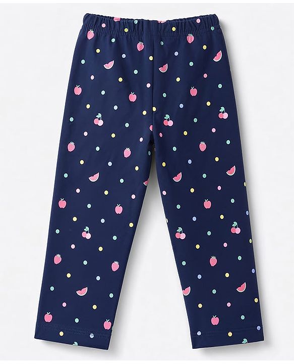 Babyhug 100% Cotton Knit Full Sleeves T-Shirt & Pyjama Night Suit Co-Ords Set With Polka Dots & Bow Applique - Navy Blue